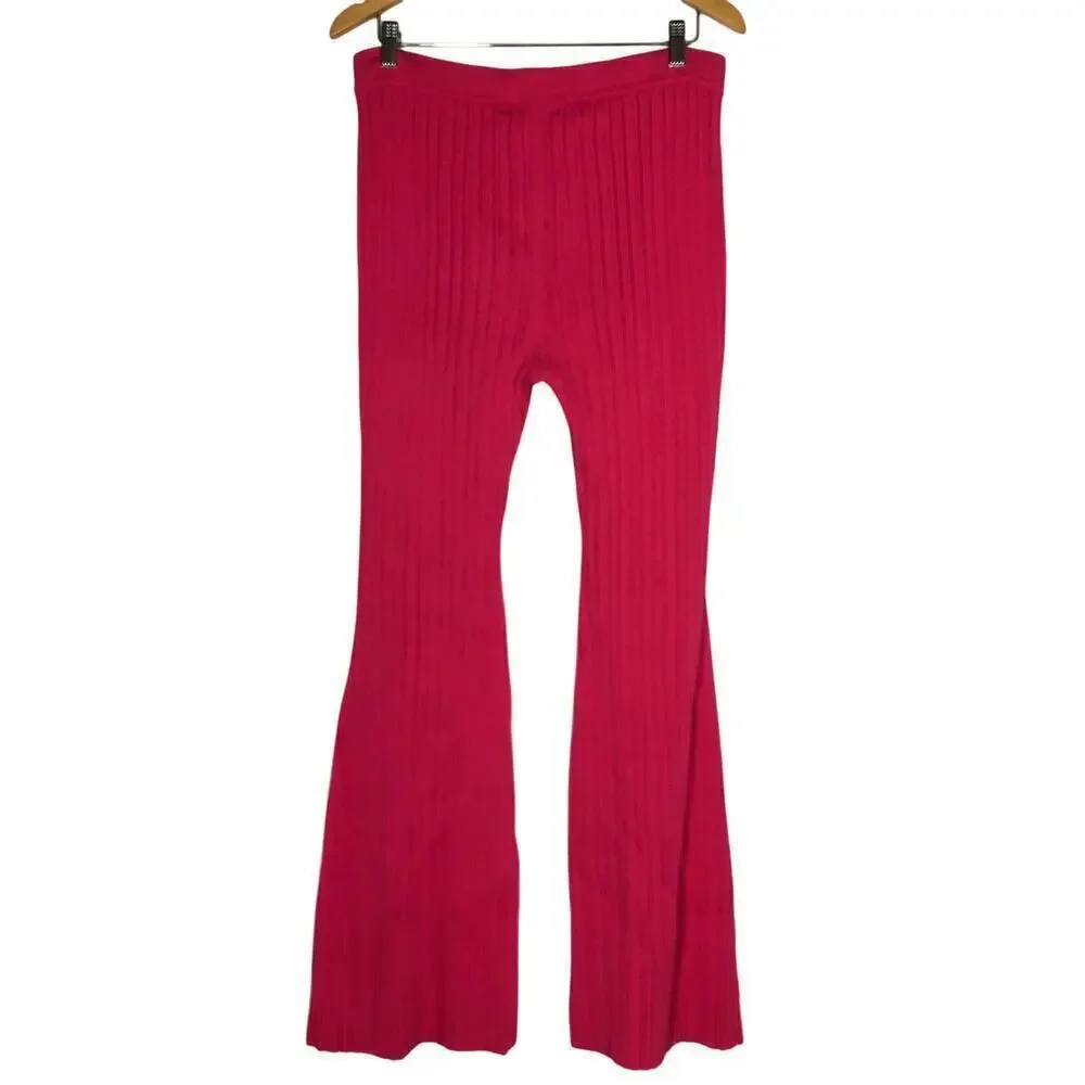 Adam Lippes Collective Pants Ribbed Knit High Waisted Pull On Bootcut Pink XL